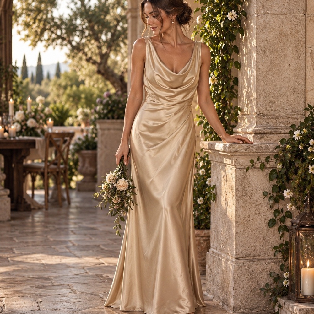Azazie Sylva Champagne Satin Cowl Neck Maxi Dress Bridesmaid Gown Size 10 NEW